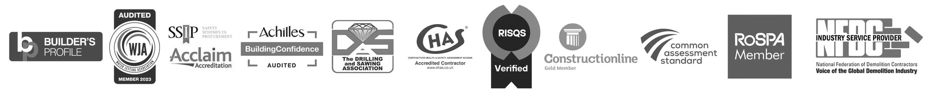 GNAT UK accreditations: Builder's Profile, Water Jetting Association (WJA) Audited Member, SSIP Safety Schemes in Procurement, Acclaim Accreditation, Achilles BuildingConfidence Audited, Drilling and Sawing Association (DSA), CHAS Accredited Contractor, RISQS Verified, Constructionline Gold Member, RoSPA Member, NFDC National Federation of Demolition Contractors Industry Service Provider