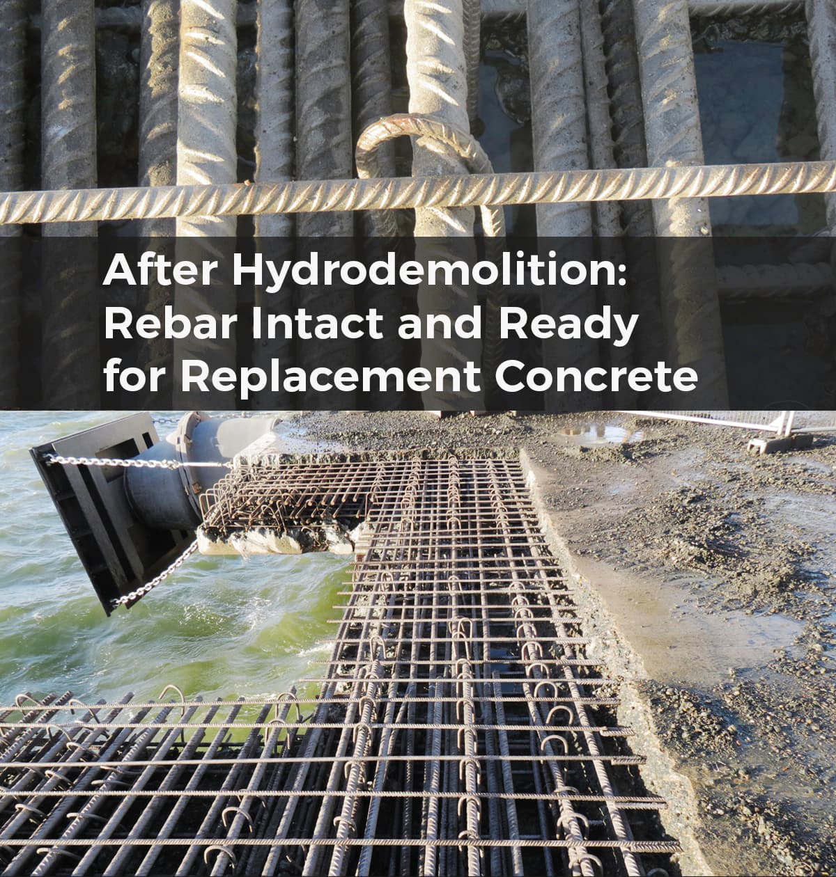 After hydrodemolition on a marine jetty: rebar emerges clean and bond-ready while the surrounding concrete is selectively removed — preparation for replacement-concrete reinstatement on a coastal structure
