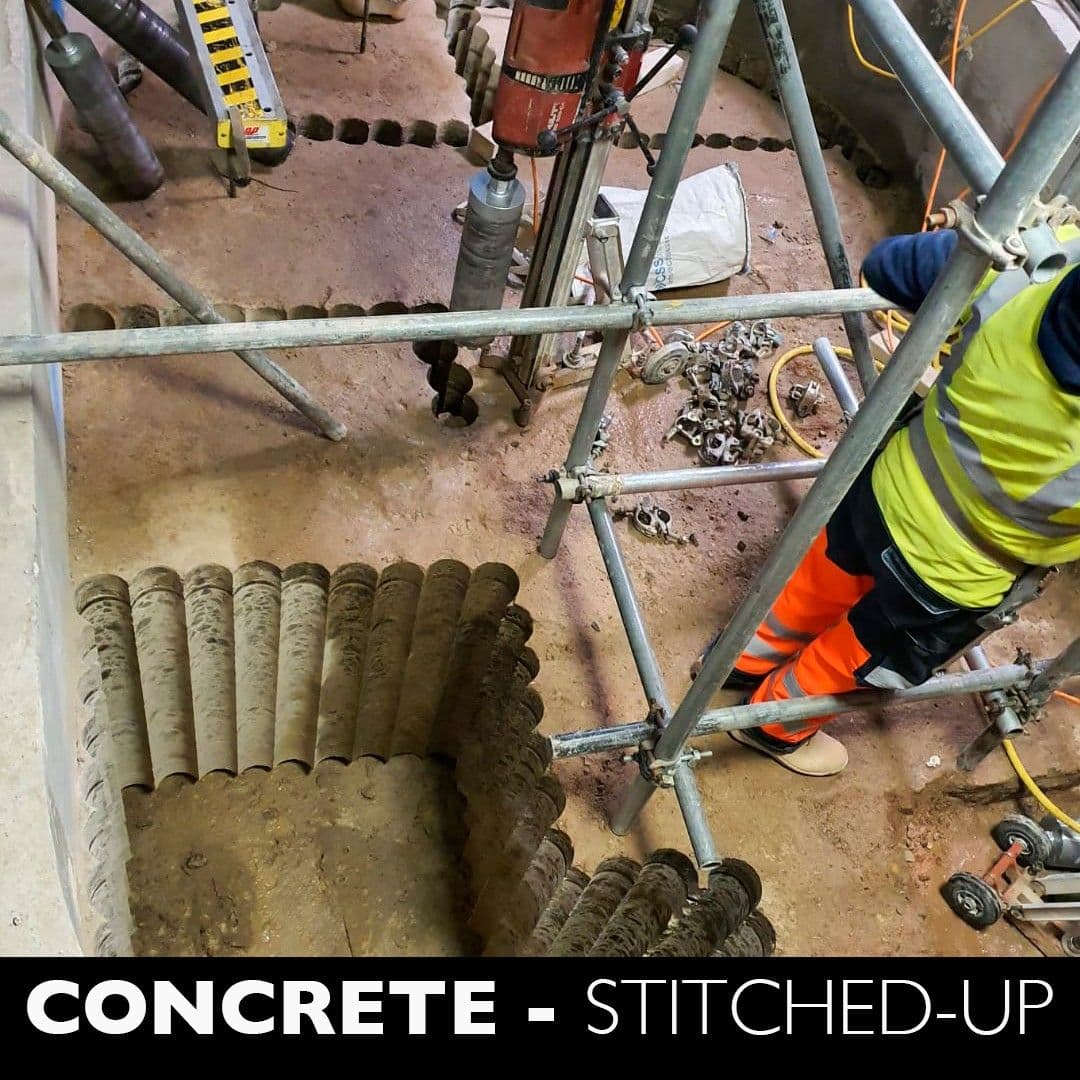 Hilti stitch drilling rig isolating reinforced concrete foundations in a confined space