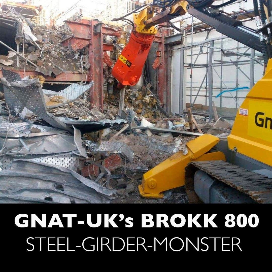 Brokk 800 robot with Atlas Copco steel shear attachment cutting steel girders