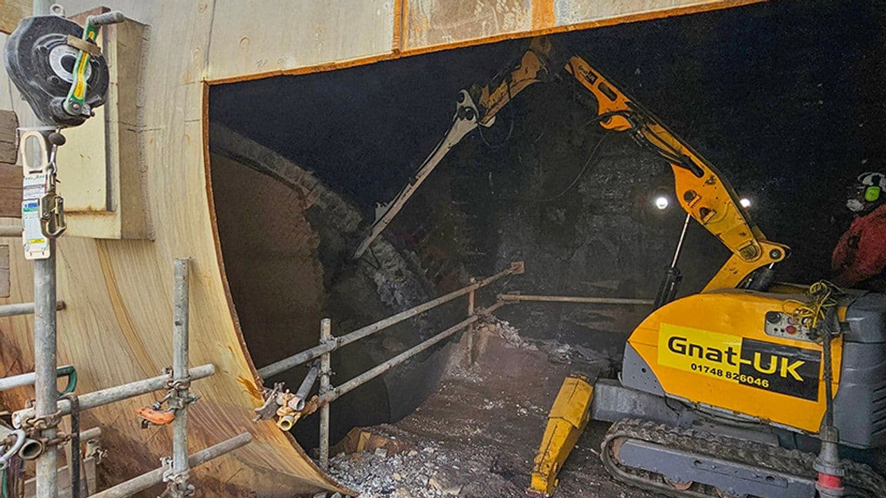 Brokk robotic demolition machine debricking a large refractory vessel