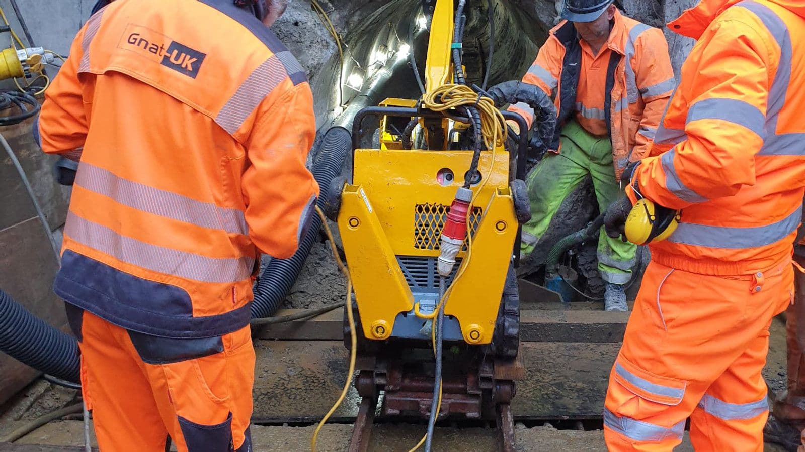 Brokk 60 robot breaking out tunnel benching inside a 1.5 metre diameter sewer pipe