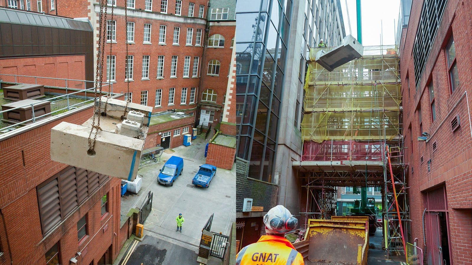 Diamond track saw cutting through a reinforced concrete walkway above York's Rougier Street