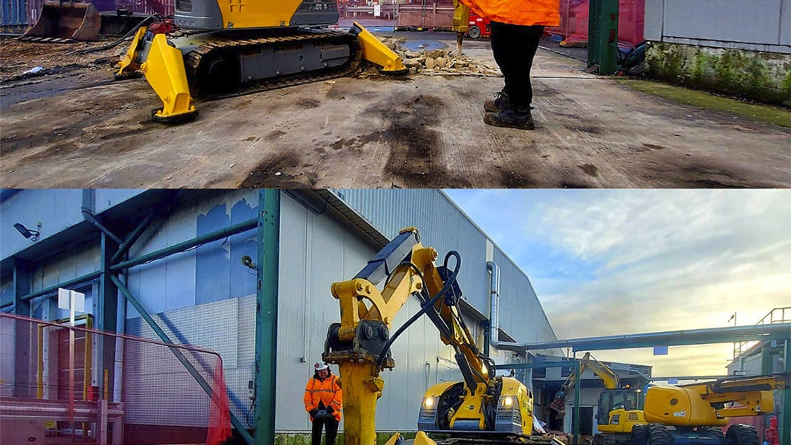 Brokk 800 Diesel demolition robot breaking deep reinforced concrete foundations during a factory refurbishment